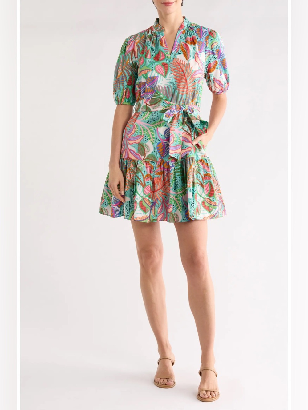Vince Camuto Multicolor Tropical Belted Midi Dress